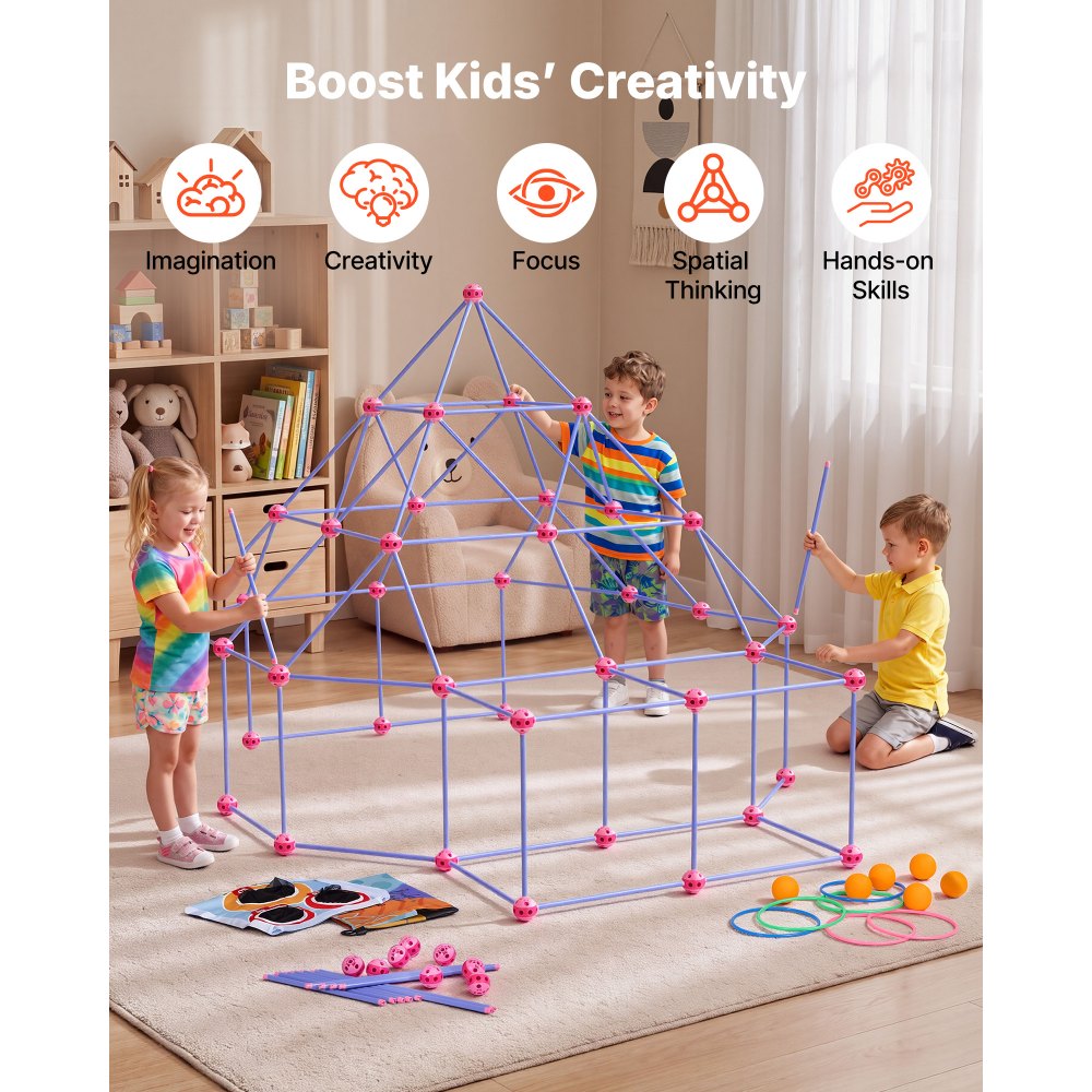 VEVOR Fort Building Kit for Kids, 225 PCS Creative STEM Construction Toys, for 4 5 6 7 8+ Year Old Boys Girls, Upgraded Balls, Ring & Ball Toss, Educational Activity, Indoor Outdoor Play, Storage Bag