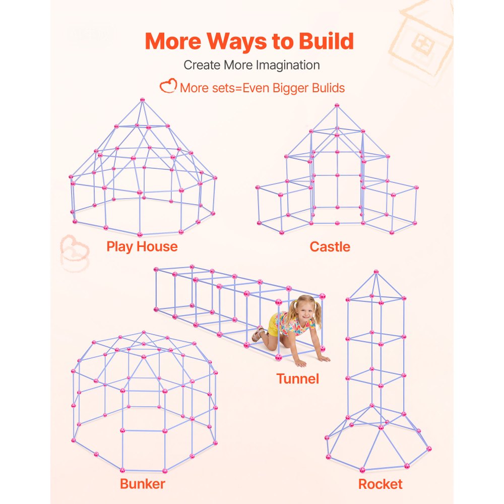 VEVOR Fort Building Kit for Kids, 225 PCS Creative STEM Construction Toys, for 4 5 6 7 8+ Year Old Boys Girls, Upgraded Balls, Ring & Ball Toss, Educational Activity, Indoor Outdoor Play, Storage Bag