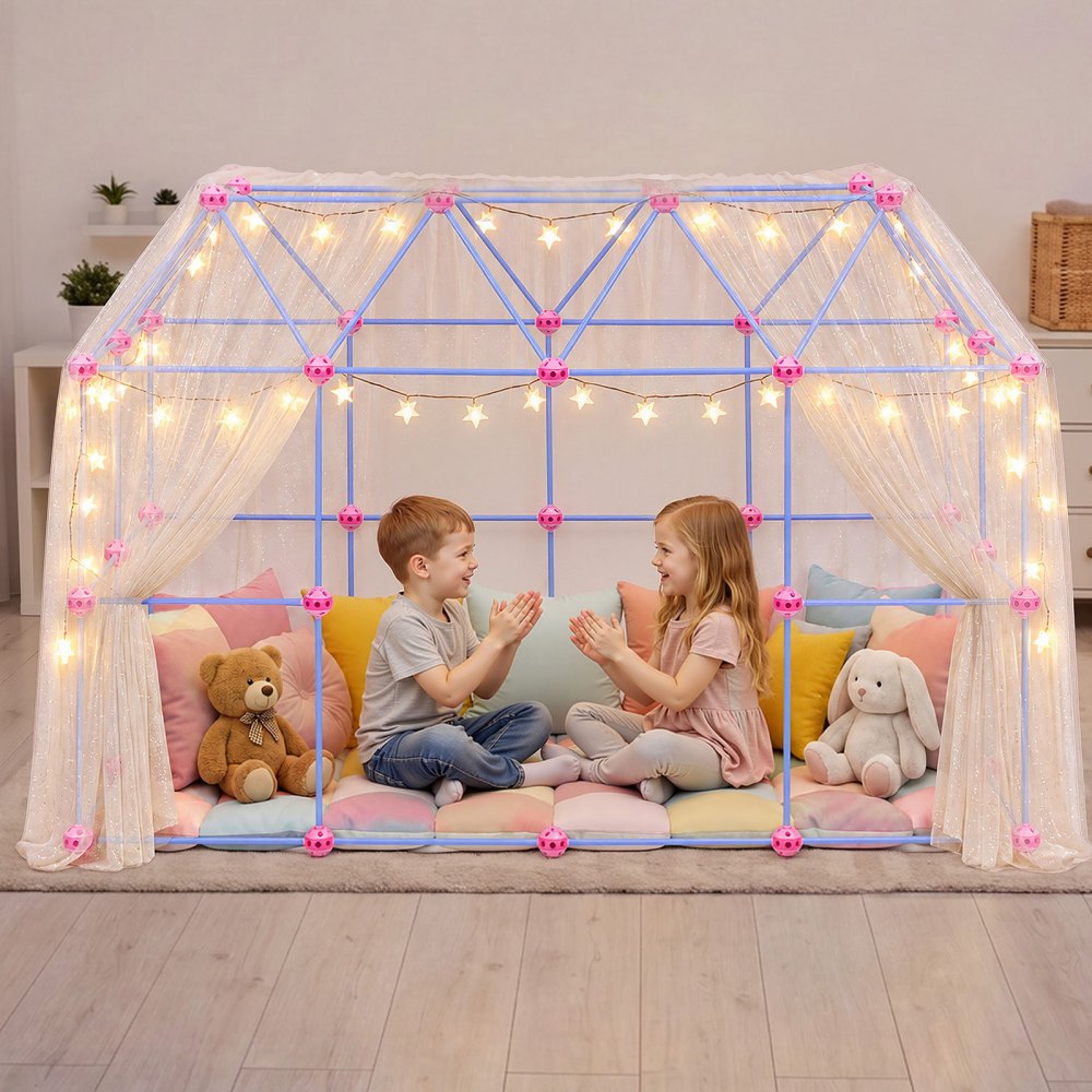 VEVOR Fort Building Kit for Kids, 225 PCS Creative STEM Construction Toys, for 4 5 6 7 8+ Year Old Boys Girls, Upgraded Balls, Ring & Ball Toss, Educational Activity, Indoor Outdoor Play, Storage Bag