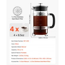 French Press Coffee Maker 34 oz Borosilicate Glass Coffee Tea Press Silver