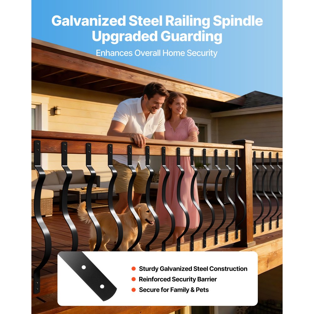 VEVOR 61 Pack Deck Balusters, 82 x 2.54 cm Metal Railing Spindles, Galvanized Steel Decking Stair Balusters with Screws, Stylish Wavy Design for Outdoor Deck, Porch & Staircase Railing Fence, Black