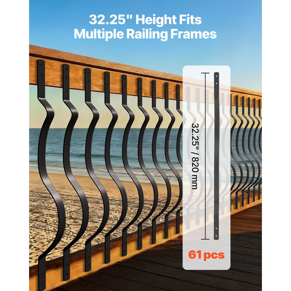 VEVOR 61 Pack Deck Balusters, 82 x 2.54 cm Metal Railing Spindles, Galvanized Steel Decking Stair Balusters with Screws, Stylish Wavy Design for Outdoor Deck, Porch & Staircase Railing Fence, Black