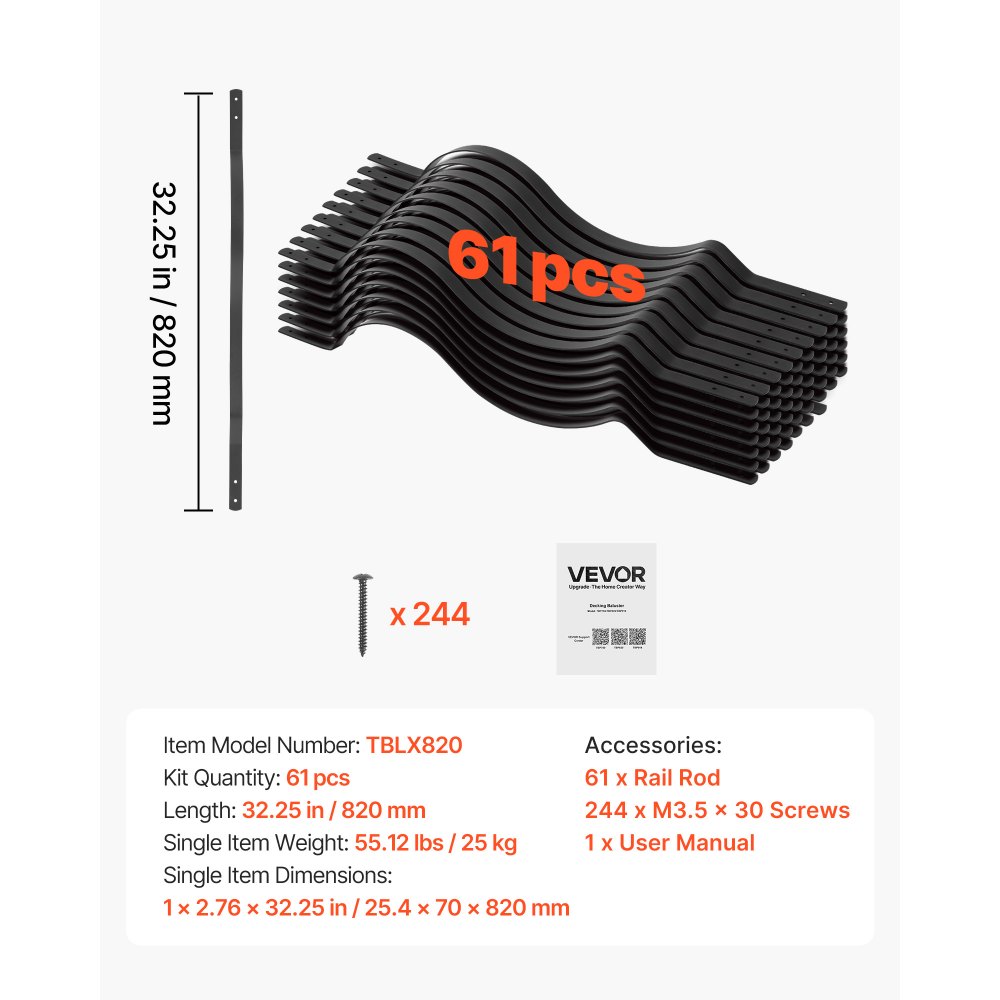 VEVOR 61 Pack Deck Balusters, 82 x 2.54 cm Metal Railing Spindles, Galvanized Steel Decking Stair Balusters with Screws, Stylish Wavy Design for Outdoor Deck, Porch & Staircase Railing Fence, Black