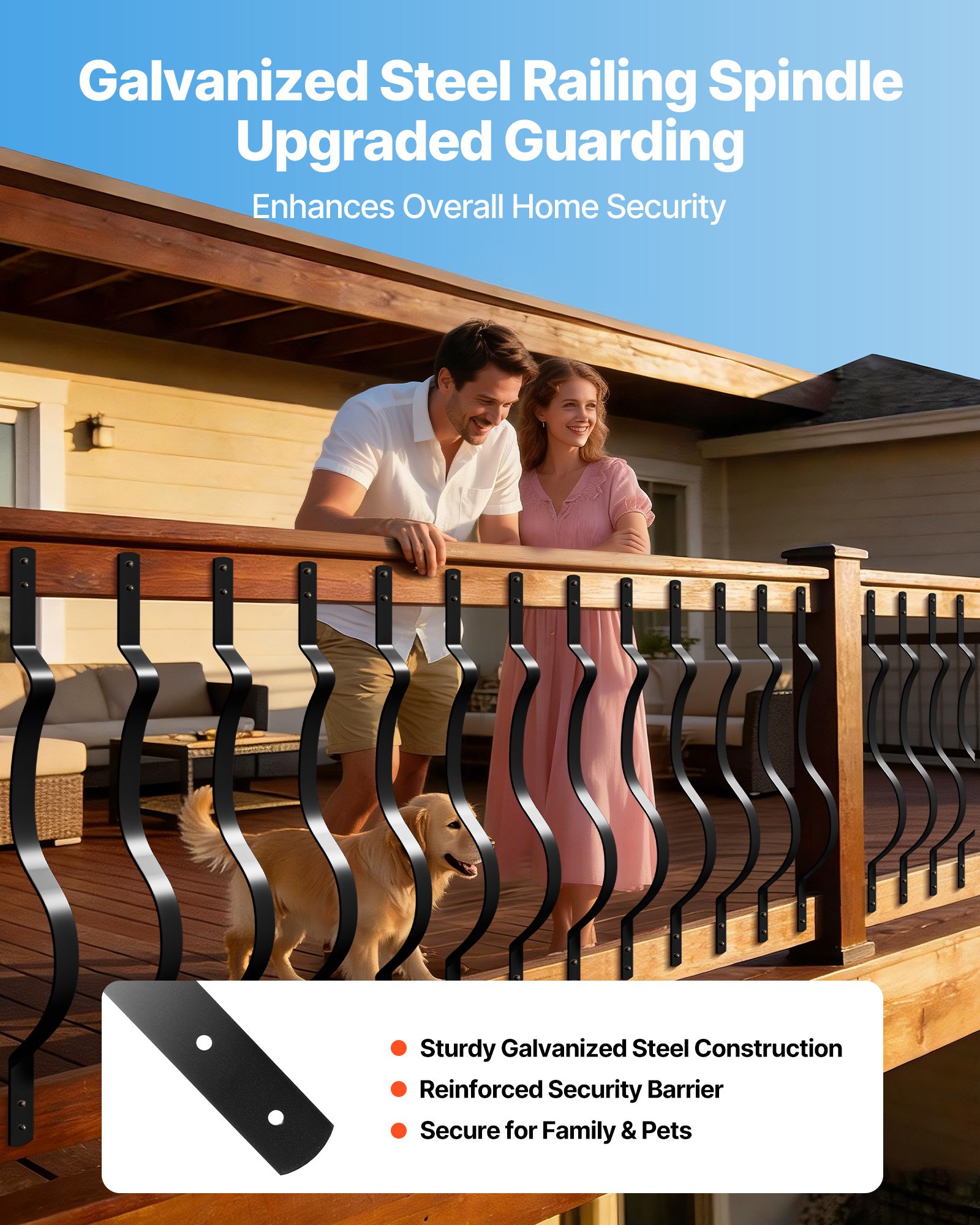 VEVOR 61 Pack Deck Balusters, 82 x 2.54 cm Metal Railing Spindles, Galvanized Steel Decking Stair Balusters with Screws, Stylish Wavy Design for Outdoor Deck, Porch & Staircase Railing Fence, Black