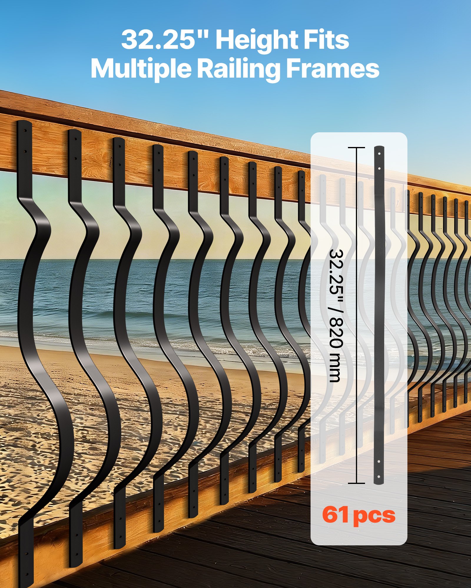 VEVOR 61 Pack Deck Balusters, 82 x 2.54 cm Metal Railing Spindles, Galvanized Steel Decking Stair Balusters with Screws, Stylish Wavy Design for Outdoor Deck, Porch & Staircase Railing Fence, Black