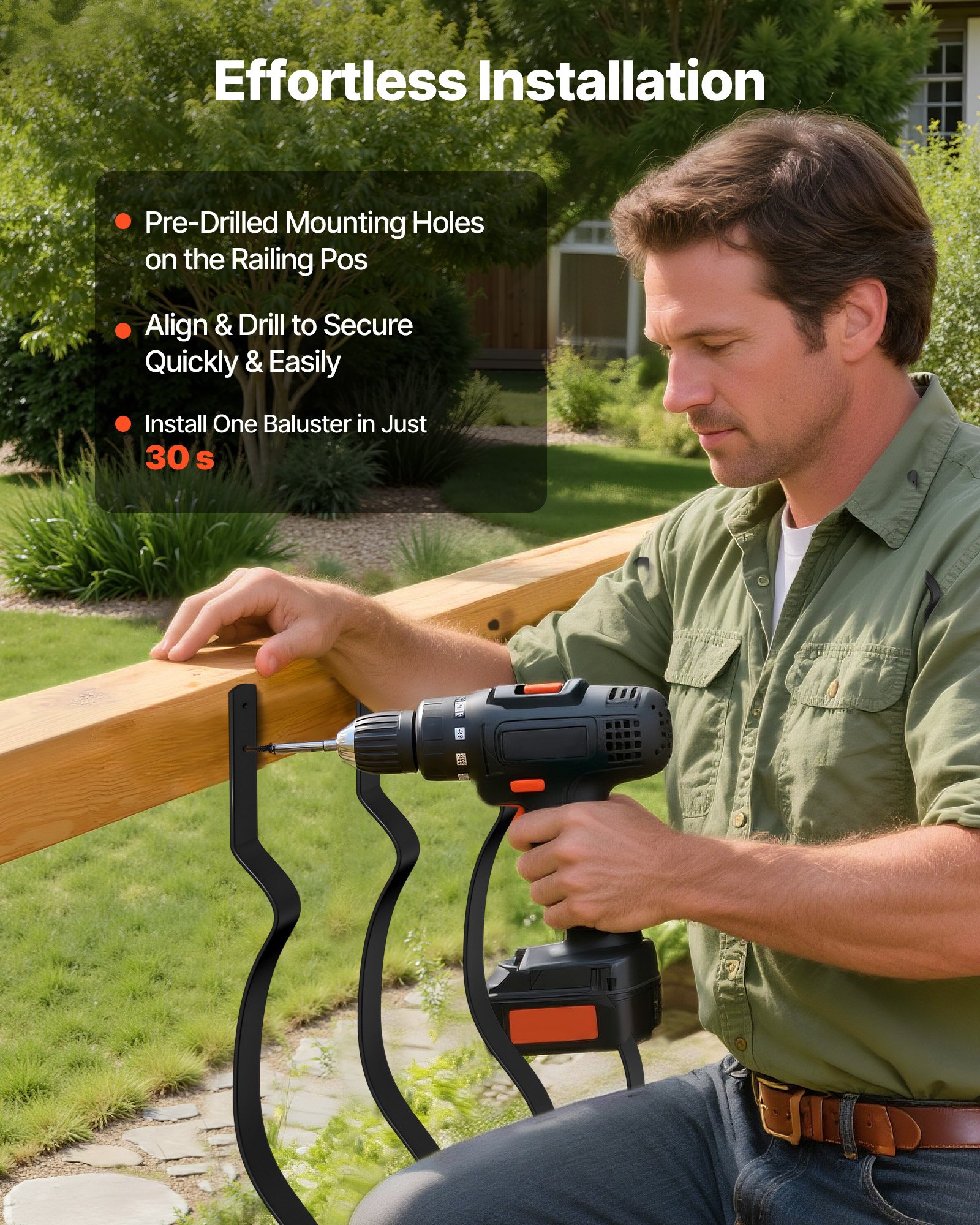 VEVOR 61 Pack Deck Balusters, 82 x 2.54 cm Metal Railing Spindles, Galvanized Steel Decking Stair Balusters with Screws, Stylish Wavy Design for Outdoor Deck, Porch & Staircase Railing Fence, Black