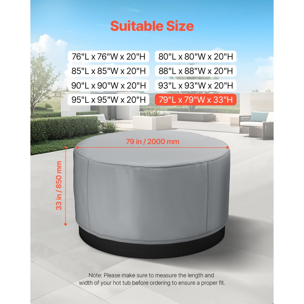 VEVOR Outdoor Hot Tub Cover, 79 x 33 in / 2000 x 850 mm Weatherproof & Waterproof Hot Tub Cover Protector, 420D Heavy Duty Oxford Fabric and 950N Tearing Strength, Round Spa Covers for Hottub, Gray