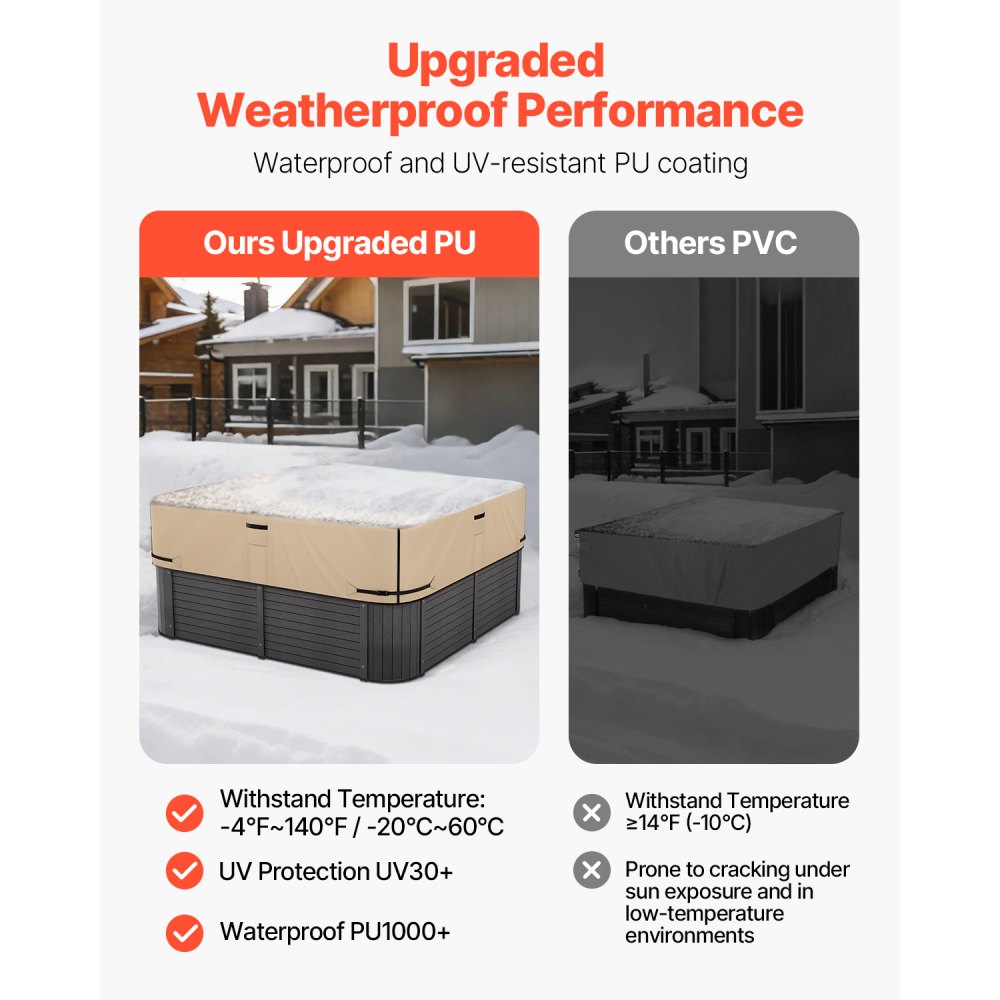 VEVOR Outdoor Hot Tub Cover, 85x85x20in/2160x2160x508mm Weatherproof & Waterproof Hot Tub Cover Protector, 600D Heavy Duty Oxford Fabric and 950N Tearing Strength, Square Spa Covers for Hottub, Brown