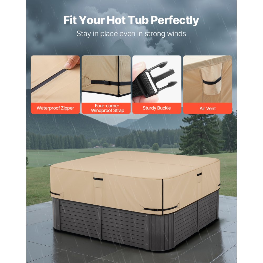VEVOR Outdoor Hot Tub Cover, 85x85x20in/2160x2160x508mm Weatherproof & Waterproof Hot Tub Cover Protector, 600D Heavy Duty Oxford Fabric and 950N Tearing Strength, Square Spa Covers for Hottub, Brown
