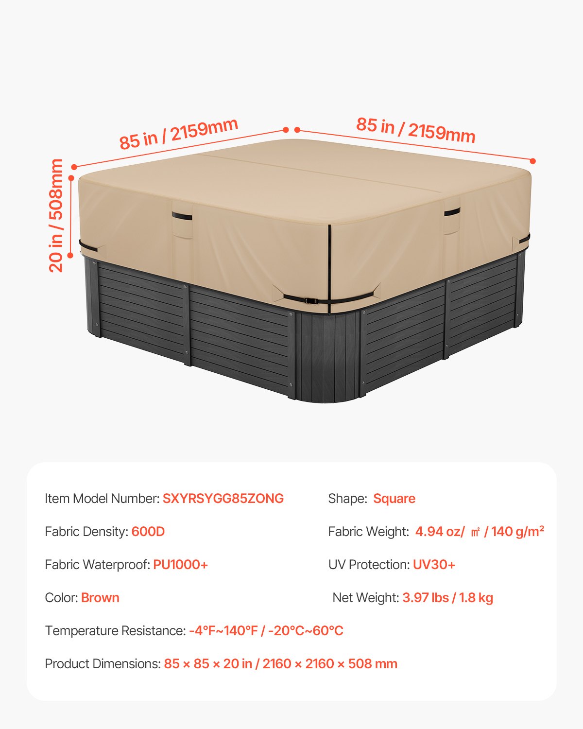 VEVOR Outdoor Hot Tub Cover, 85x85x20in/2160x2160x508mm Weatherproof & Waterproof Hot Tub Cover Protector, 600D Heavy Duty Oxford Fabric and 950N Tearing Strength, Square Spa Covers for Hottub, Brown