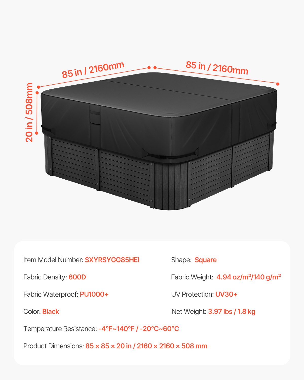 VEVOR Outdoor Hot Tub Cover, 85x85x20in/2160x2160x508mm Weatherproof & Waterproof Hot Tub Cover Protector, 600D Heavy Duty Oxford Fabric and 950N Tearing Strength, Square Spa Covers for Hottub, Black