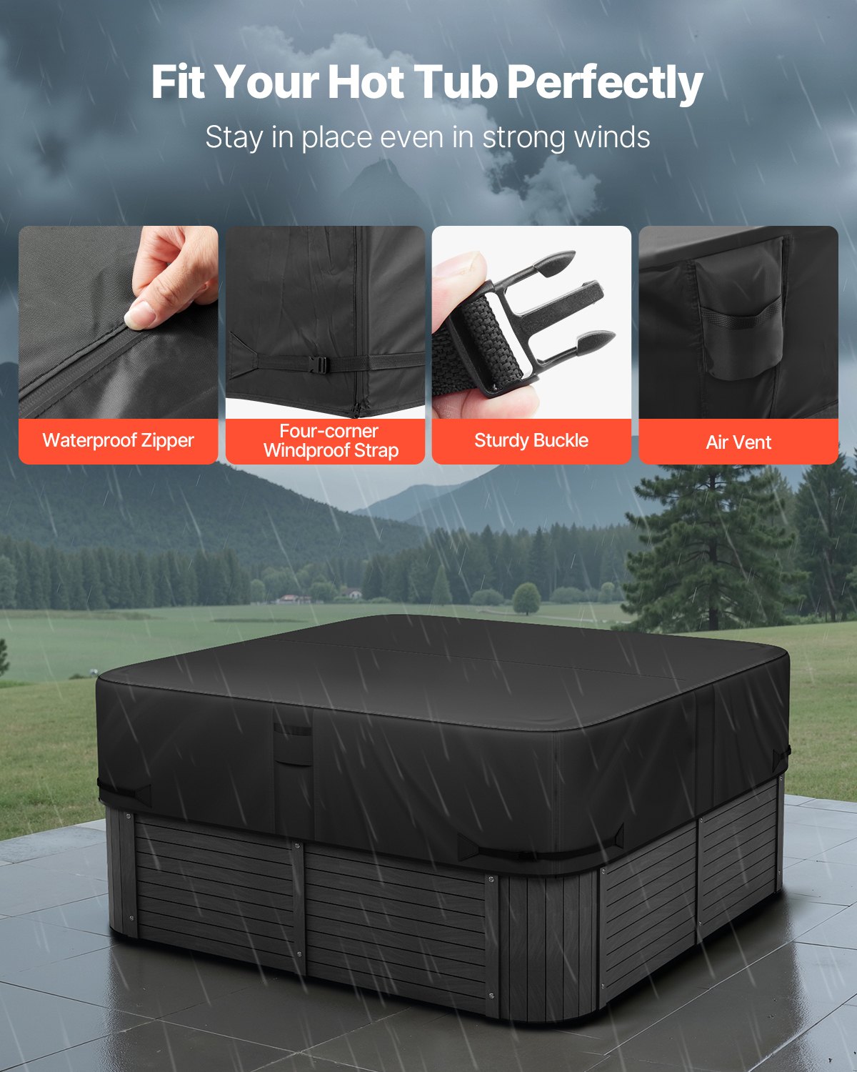 VEVOR Outdoor Hot Tub Cover, 1930 x 1930 x 508 mm Weatherproof & Waterproof Hot Tub Cover Protector, 600D Heavy Duty Oxford Fabric and 950N Tearing Strength, Square Spa Covers for Hottub, Black
