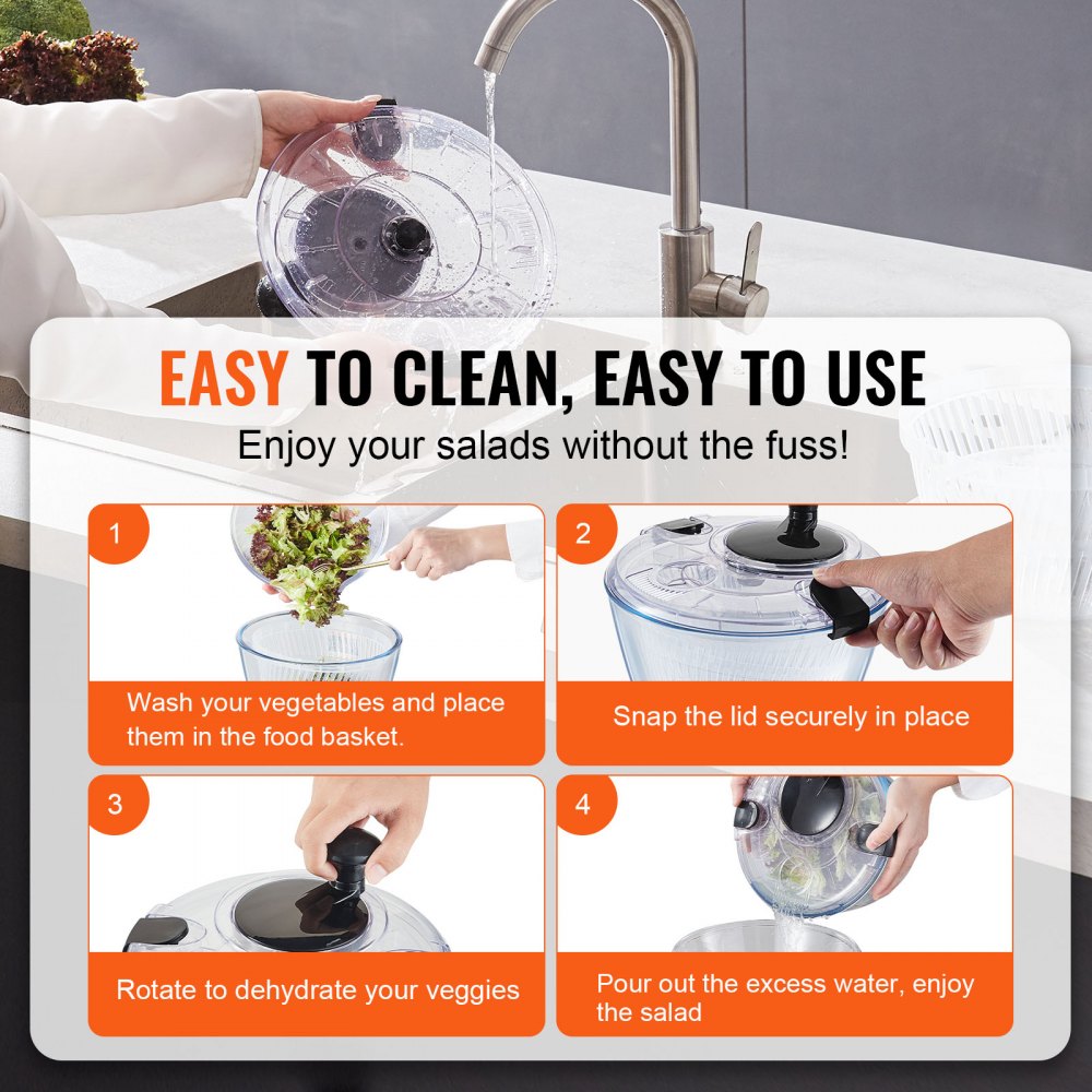 VEVOR Glass Salad Spinner, 4.5L, One-handed Easy Press Large Vegetable Dryer Washer, Lettuce Cleaner and Dryer with High Borosilicate Glass Bowl Lid, for Greens, Herbs, Berries, Fruits, No BPA