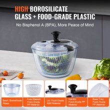VEVOR Glass Salat Spinner, 4,75Qt, Enhånds Easy Press Stor grønnsakstørketrommel vaskemaskin, salatrens og tørketrommel med glassbollelokk med høyt borosilikatglass, for grønt, urter, bær, frukt, ingen BPA