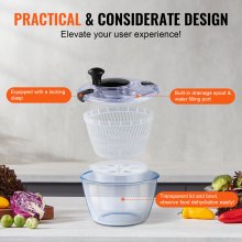 VEVOR Glass Salad Spinner, 4.5L, One-handed Easy Press Large Vegetable Dryer Washer, Lettuce Cleaner and Dryer with High Borosilicate Glass Bowl Lid, for Greens, Herbs, Berries, Fruits, No BPA