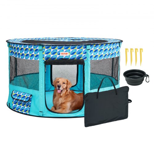 VEVOR Foldable Pet Playpen, 44'' x 44'' x 24'' Portable Dog Playpen, Crate Kennel for Puppy, Dog, Cat, Waterproof 600D Oxford Cloth, Removable Zipper, for Indoor Outdoor Travel Camping (Round, L)