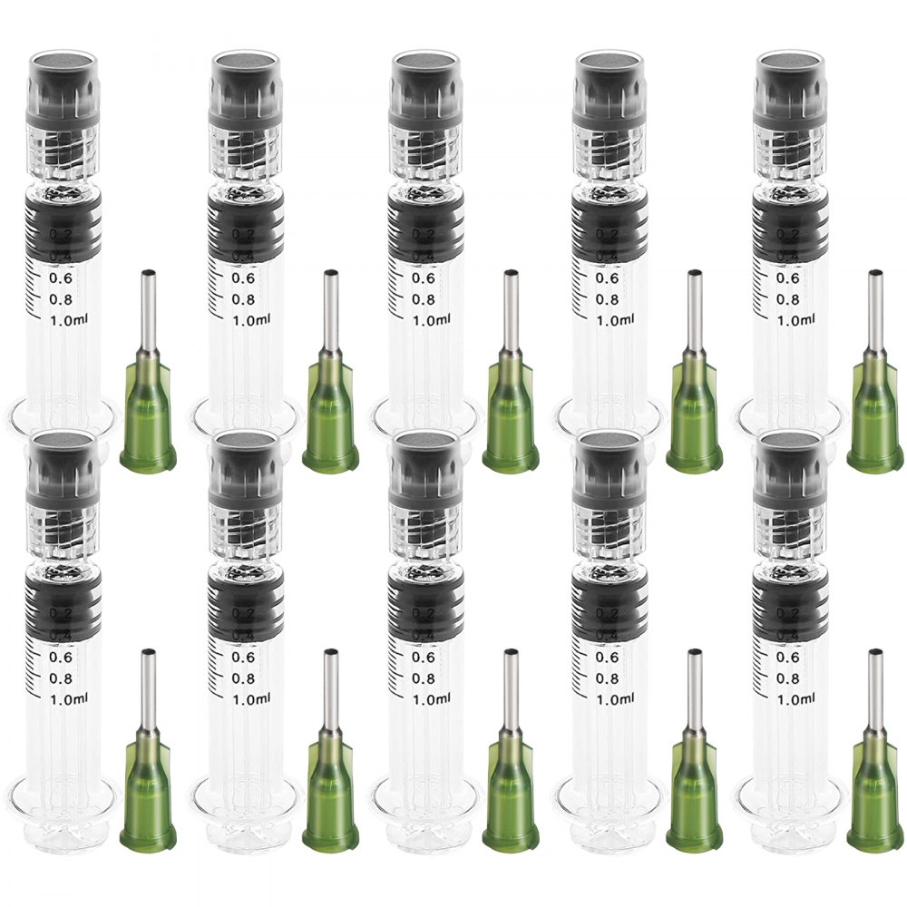 array of ten VEVOR glass syringes with green caps and black measurement markings on a white background.