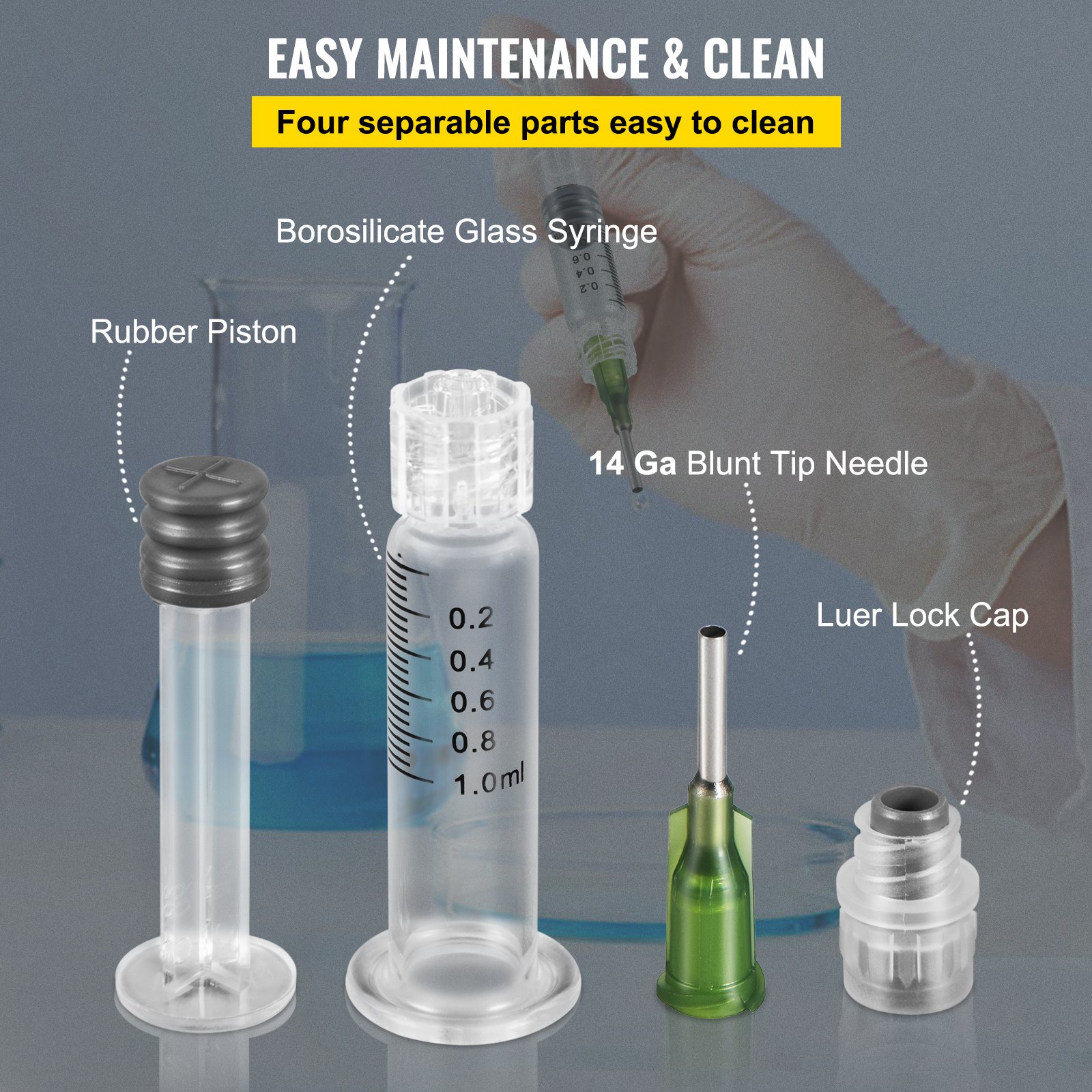 VEVOR glass syringe with rubber piston, 14 ga blunt tip needle, and luer lock cap, easy to clean.