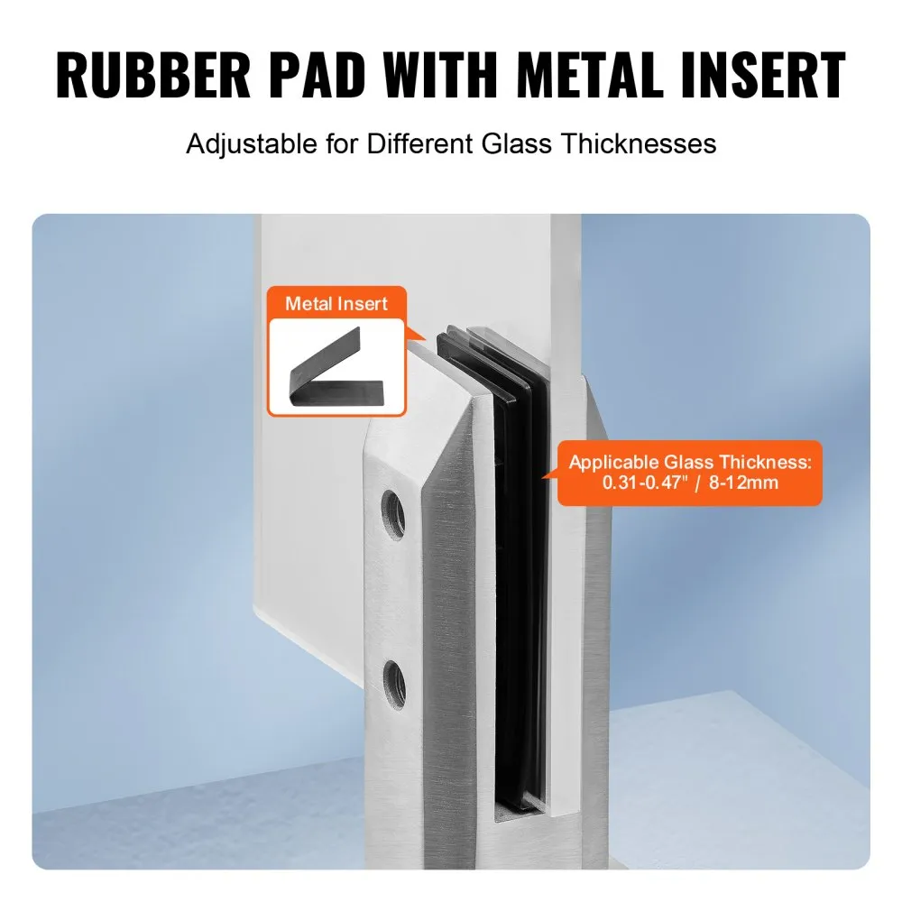 VEVOR glass clamp with rubber pad insert, adjustable for 8-12mm thickness glass, shown with metal insert.
