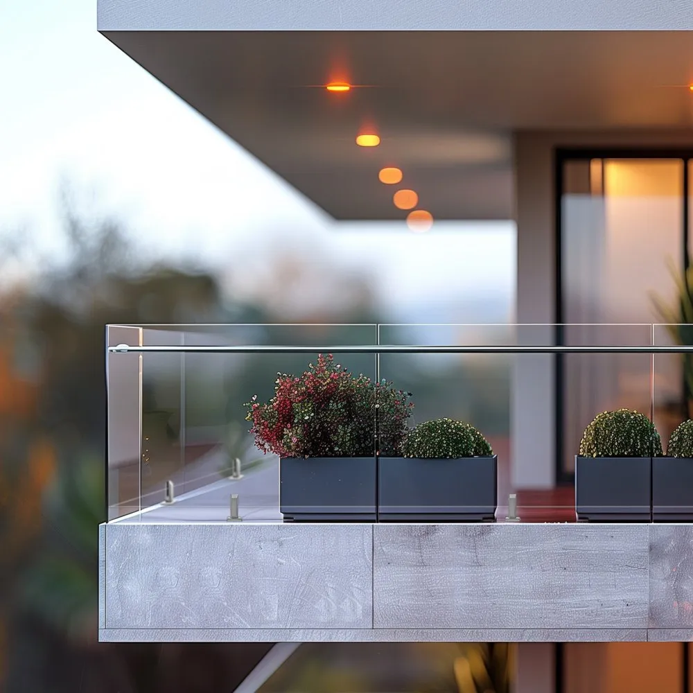 modern balcony with glass railing using VEVOR glass clamp, featuring potted plants and soft lighting.