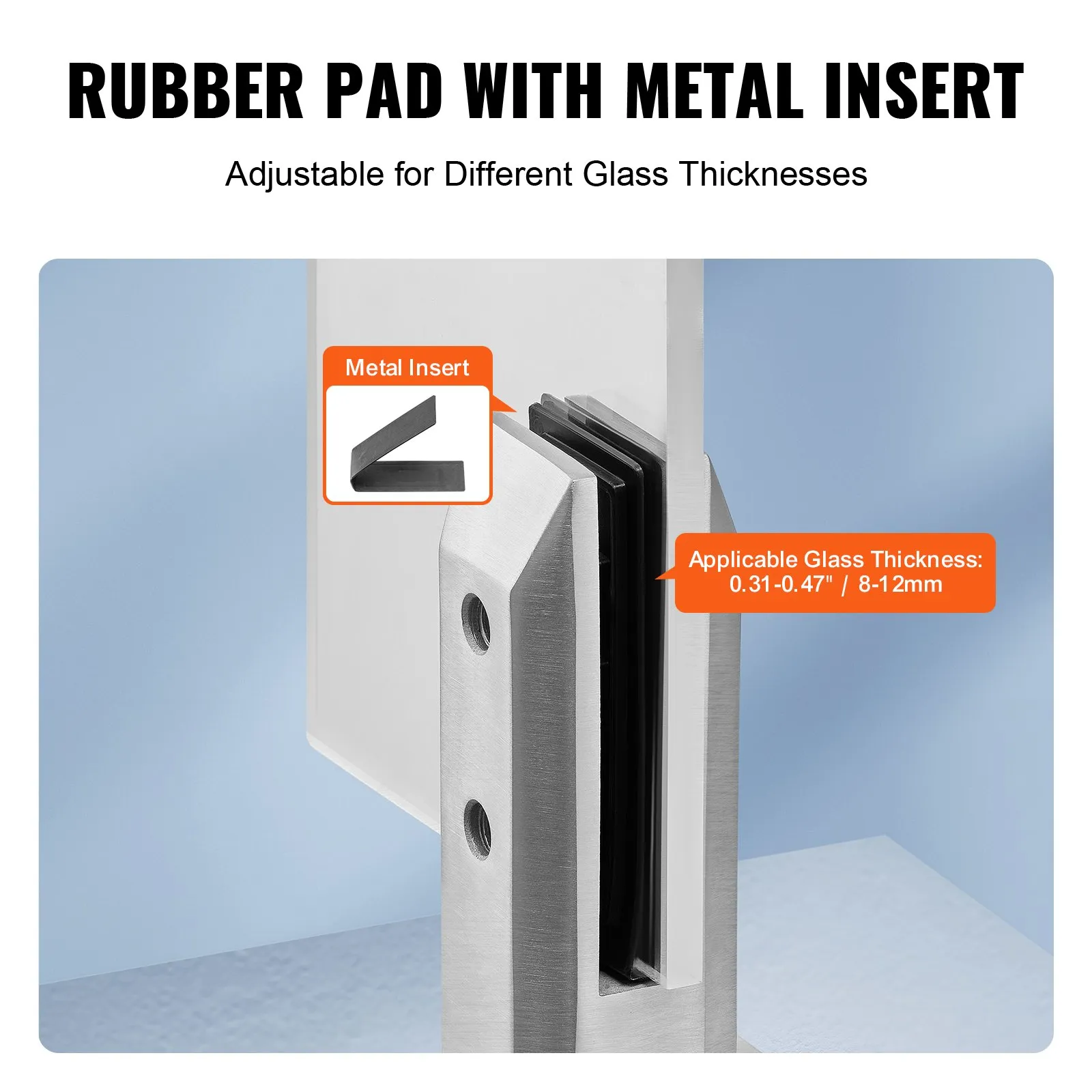 VEVOR glass clamp with rubber pad insert, adjustable for 8-12mm thickness glass, shown with metal insert.