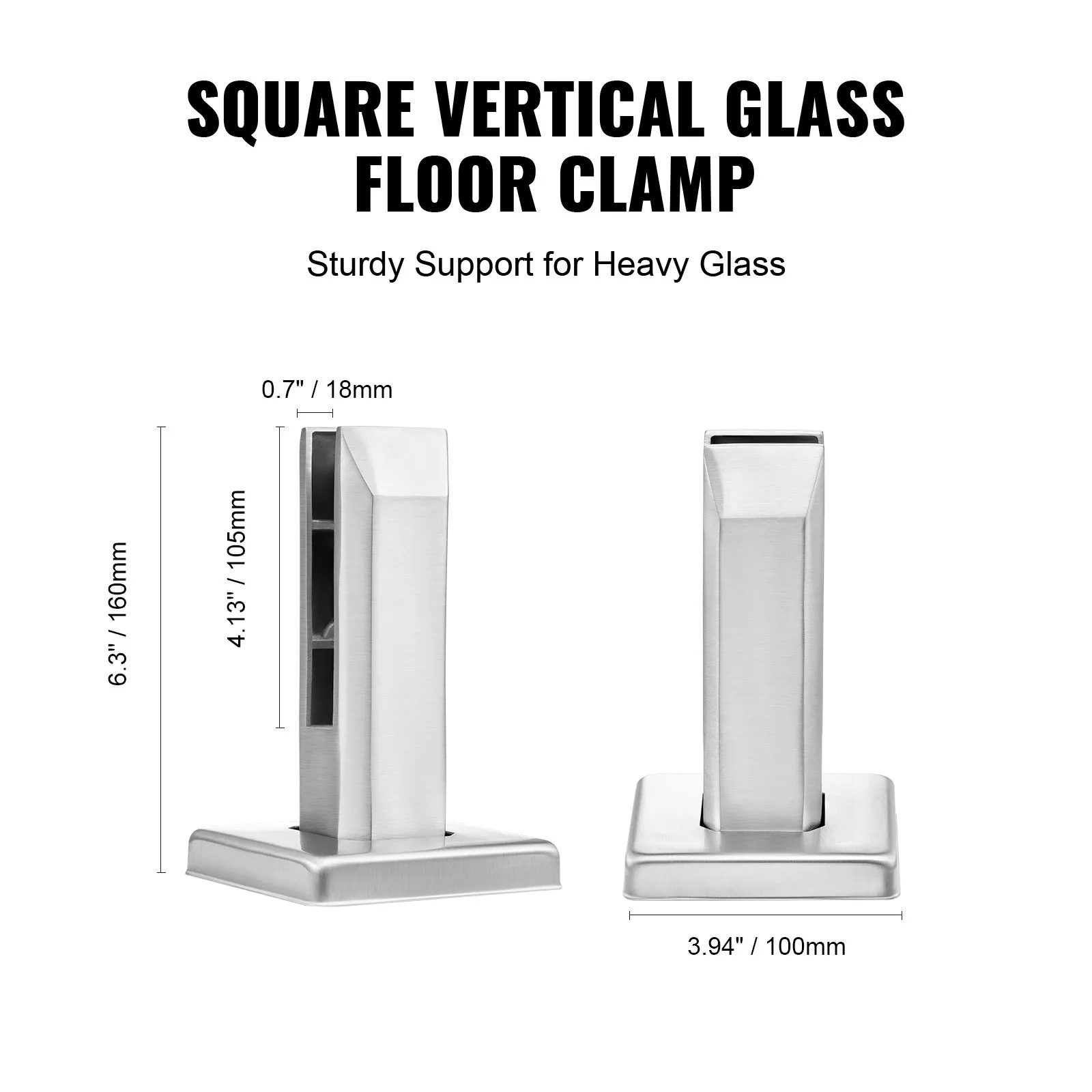 VEVOR glass clamp, measurements and stainless steel design for supporting heavy glass.