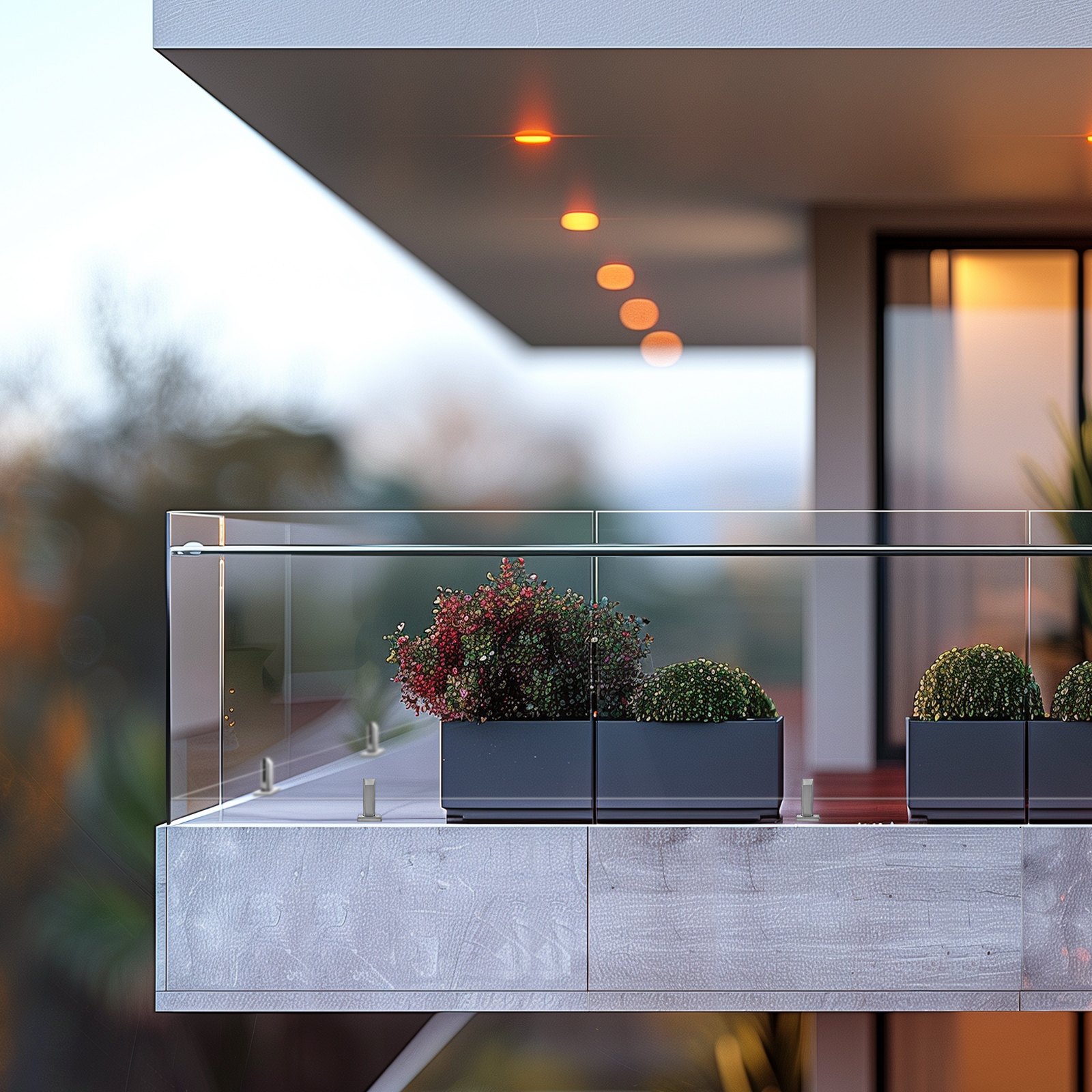 modern balcony with glass railing using VEVOR glass clamp, featuring potted plants and soft lighting.