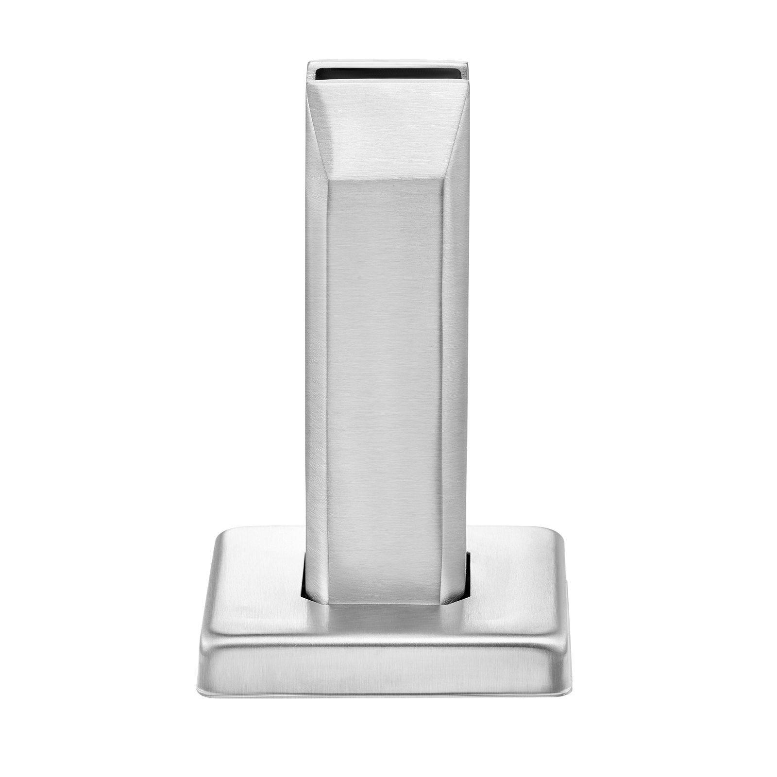 brushed stainless steel VEVOR glass clamp with a squared base and geometric design.