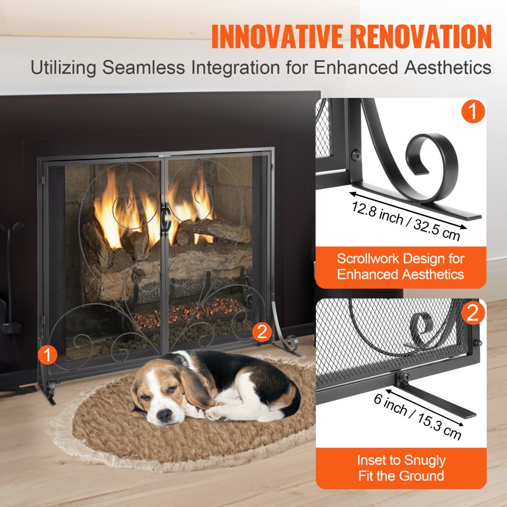 VEVOR Fireplace Screen 1 Panel with Door, Sturdy Iron Mesh Fireplace Screen, 39"(L) x31.6"(H) Spark Guard Cover, Simple Installation, Free Standing Fire Fence Grate for Living Room Home Decor Vintage