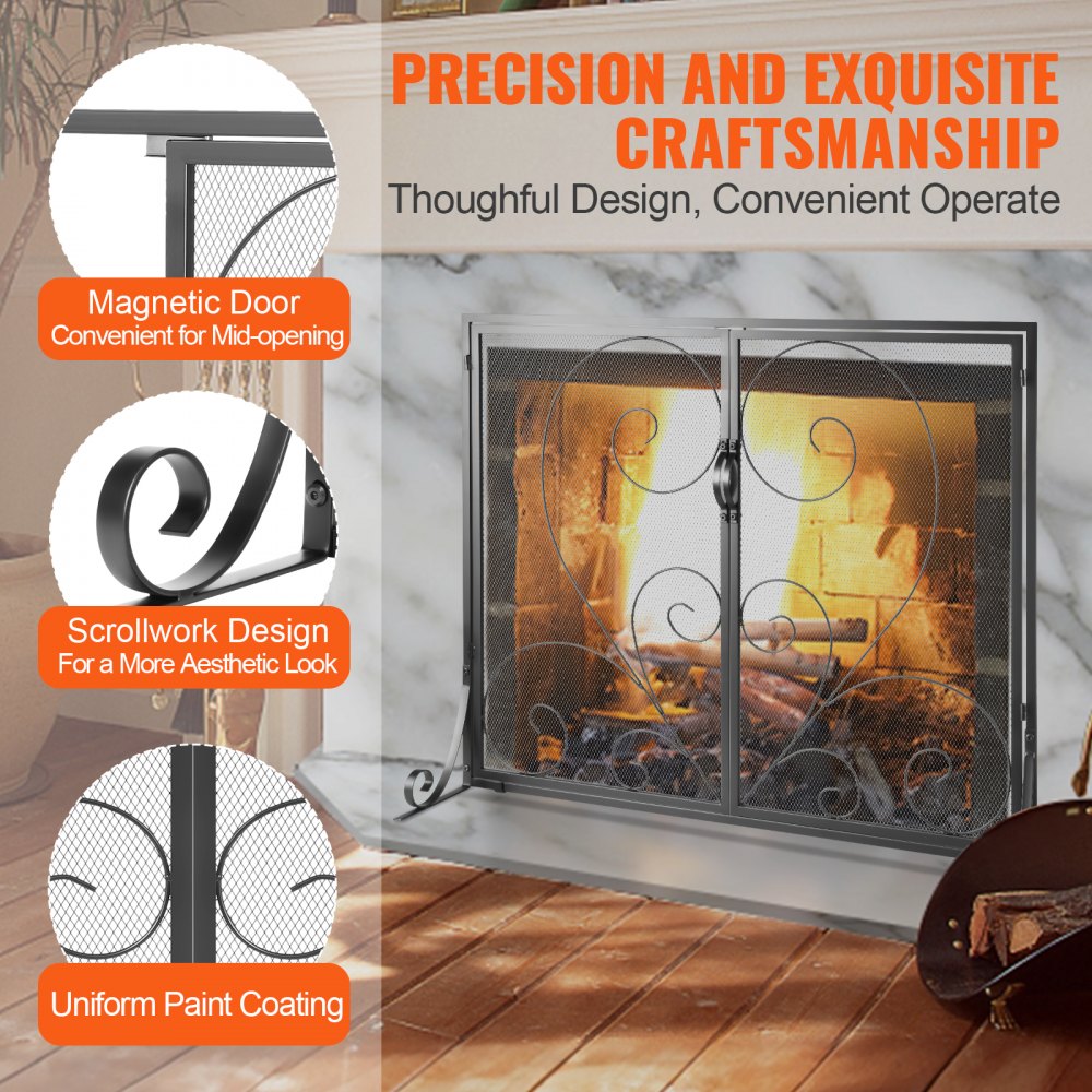 VEVOR Fireplace Screen 1 Panel with Door, Sturdy Iron Mesh Fireplace Screen, 39"(L) x31.6"(H) Spark Guard Cover, Simple Installation, Free Standing Fire Fence Grate for Living Room Home Decor Vintage