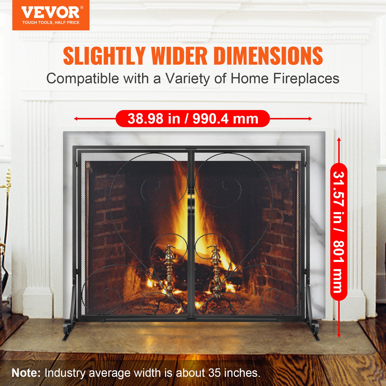 VEVOR Fireplace Screen 1 Panel with Door, Sturdy Iron Mesh Fireplace Screen, 39"(L) x31.6"(H) Spark Guard Cover, Simple Installation, Free Standing Fire Fence Grate for Living Room Home Decor Vintage