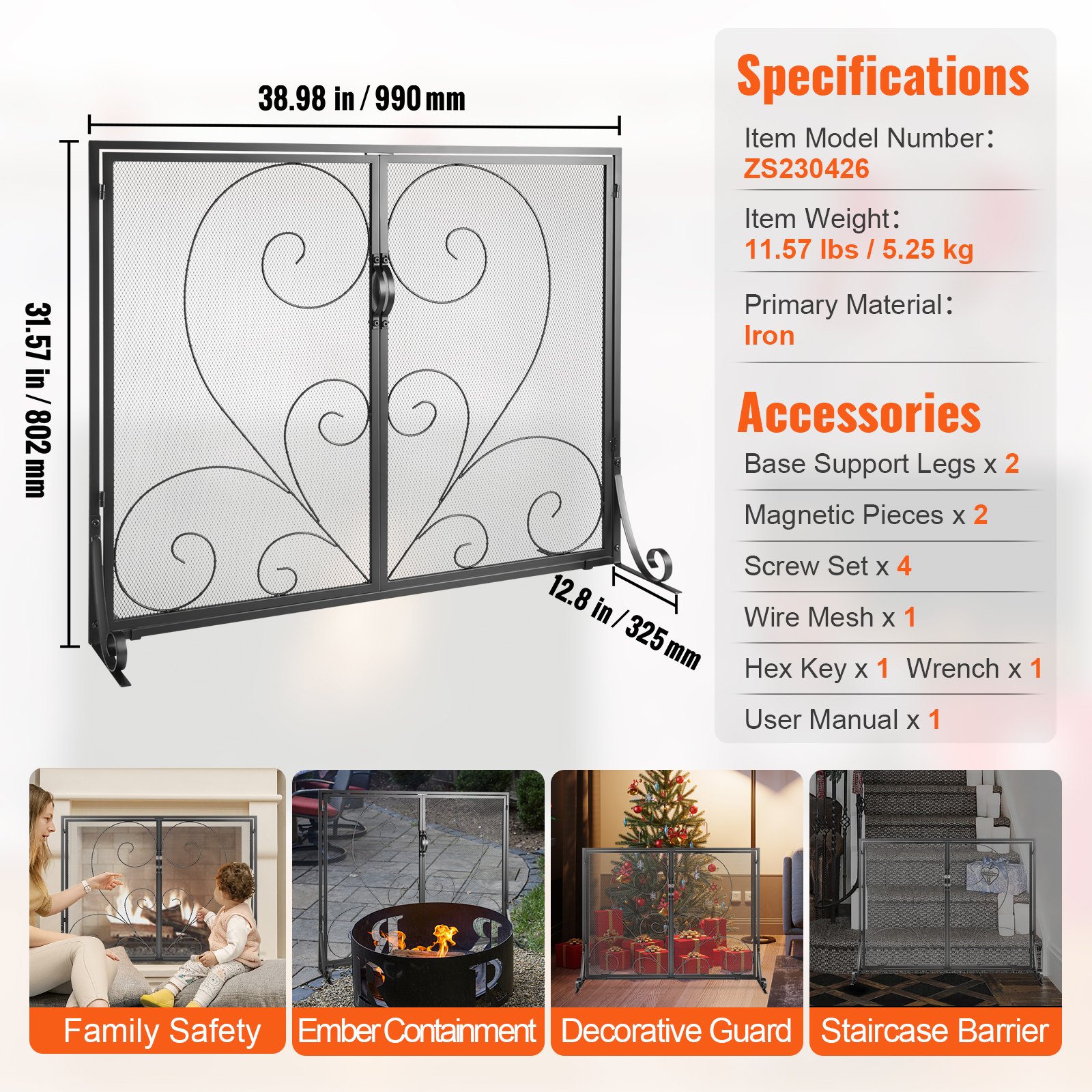 VEVOR Fireplace Screen 1 Panel with Door, Sturdy Iron Mesh Fireplace Screen, 39"(L) x31.6"(H) Spark Guard Cover, Simple Installation, Free Standing Fire Fence Grate for Living Room Home Decor Vintage