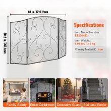 VEVOR Fireplace Screen 3 Panel, Sturdy Iron Mesh Fireplace Screen, 48"(L) x30.2"(H) Spark Guard Cover, No Assembly Required, Free Standing Fireplace Fence Grate for Living Room Home Decor Vintage Blac