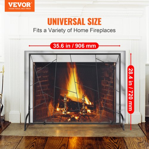 VEVOR Fireplace Screen Single Panel, Sturdy Iron Mesh Fireplace Screen, 35.6"(L) x28.4"(H) Spark Guard Cover, Simple Installation, Free Standing Fire Fence Grate for Living Room Home Decor Modern