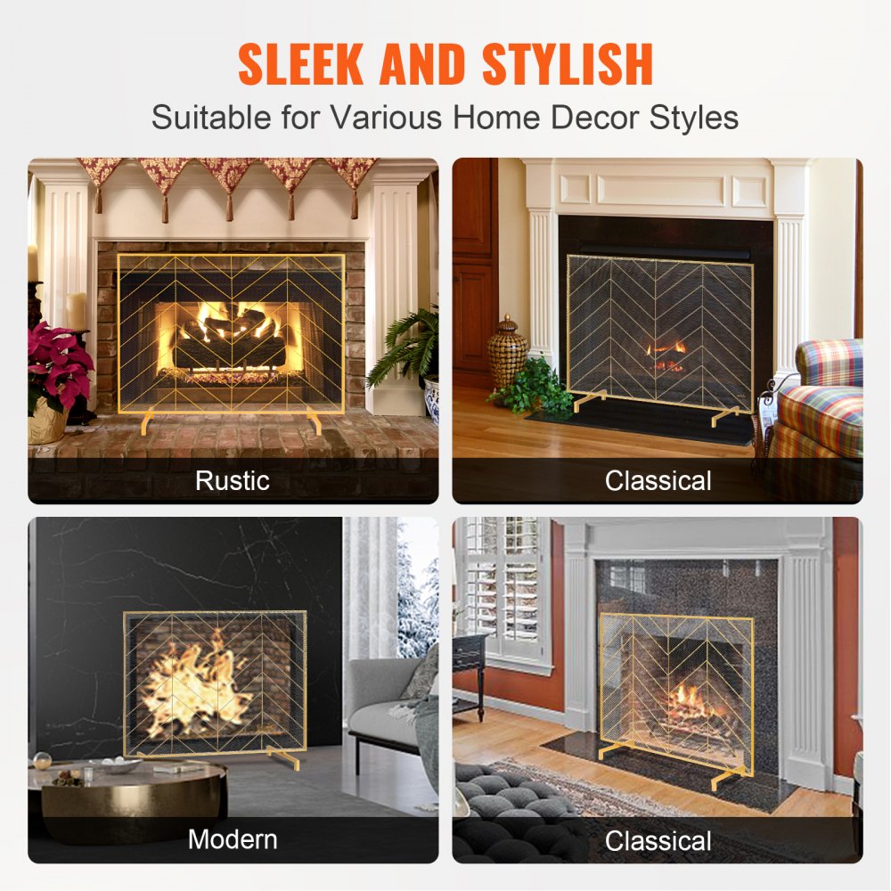 VEVOR Fireplace Screen Single Panel, Sturdy Iron Mesh Fireplace Screen, 980(L) x758(H)MM Spark Guard Cover, Simple Installation, Free Standing Fire Fence Grate for Living Room Home Decor Modern