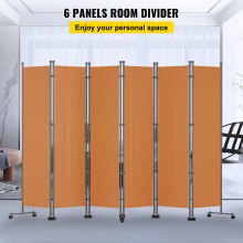 VEVOR 6-panels rumsavdelare, 6 fot hög, fristående och vikbar sekretessskärm med svängbara hjul och ram av aluminiumlegering, Oxford-väska medföljer, rumsvägg för kontorshem, 121" B x 14" D x 73" H, Orange