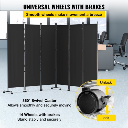 VEVOR 6 Panel Room Divider, 6 FT Tall, Freestanding & Folding Privacy Screen w/ Swivel Casters & Aluminum Alloy Frame, Oxford Bag Included, Room Partition for Office Home, 121" W x 14" D x 73"H, Black
