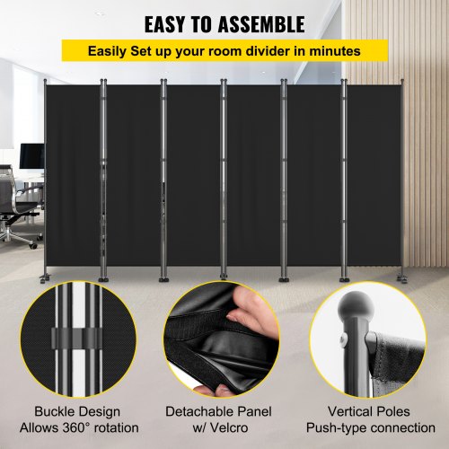 VEVOR 6 Panel Room Divider, 6 FT Tall, Freestanding & Folding Privacy Screen w/ Swivel Casters & Aluminum Alloy Frame, Oxford Bag Included, Room Partition for Office Home, 121" W x 14" D x 73"H, Black