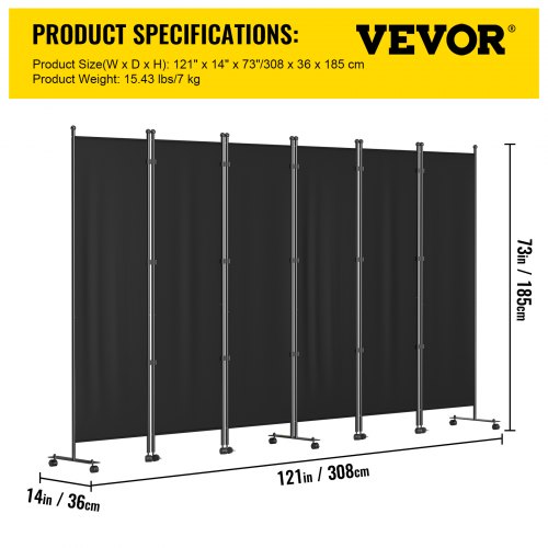 VEVOR 6 Panel Room Divider, 6 FT Tall, Freestanding & Folding Privacy Screen w/ Swivel Casters & Aluminum Alloy Frame, Oxford Bag Included, Room Partition for Office Home, 121" W x 14" D x 73"H, Black