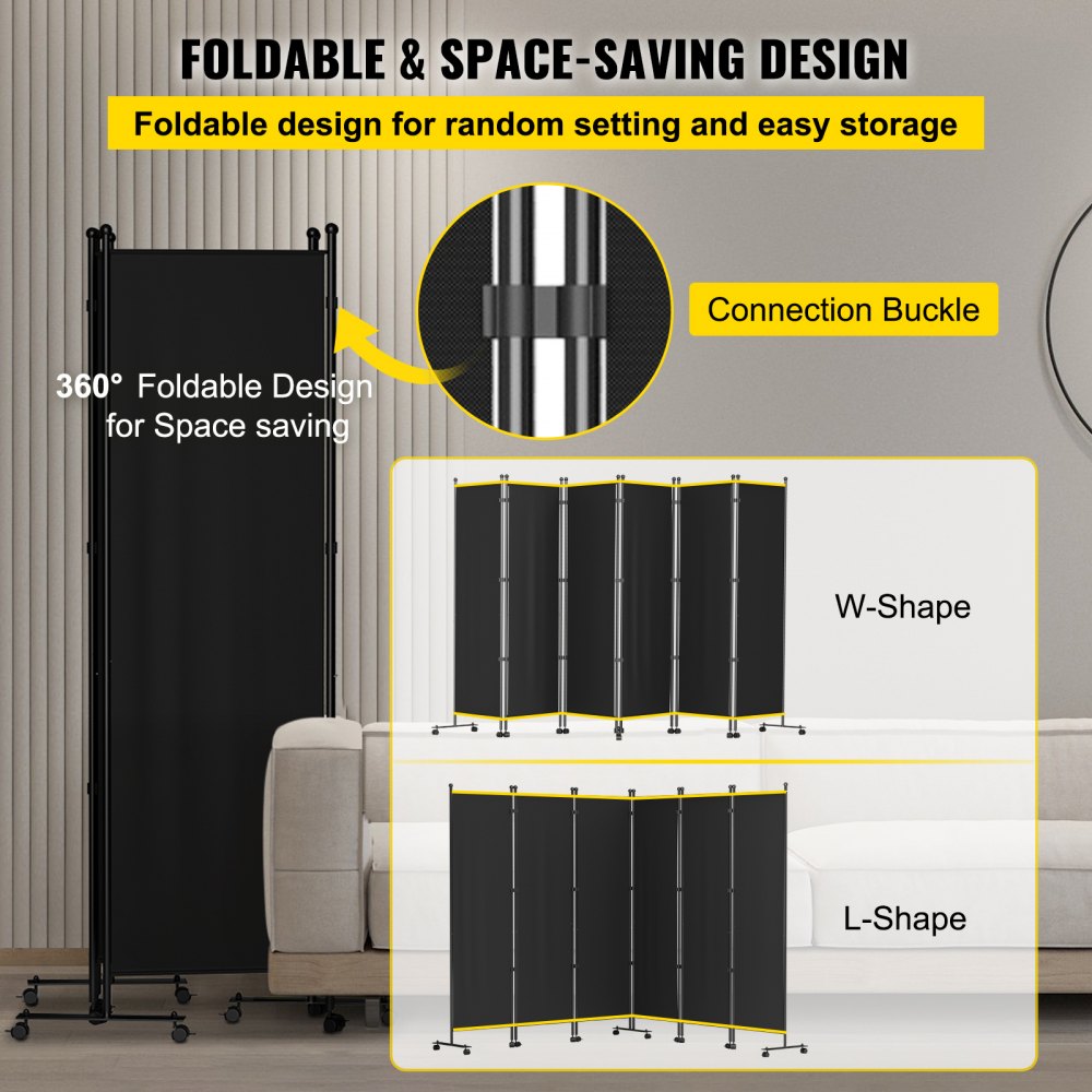 VEVOR 6 Panel Room Divider, 6 FT Tall, Freestanding & Folding Privacy Screen w/ Swivel Casters & Aluminum Alloy Frame, Oxford Bag Included, Room Partition for Office Home, 121" W x 14" D x 73"H, Black