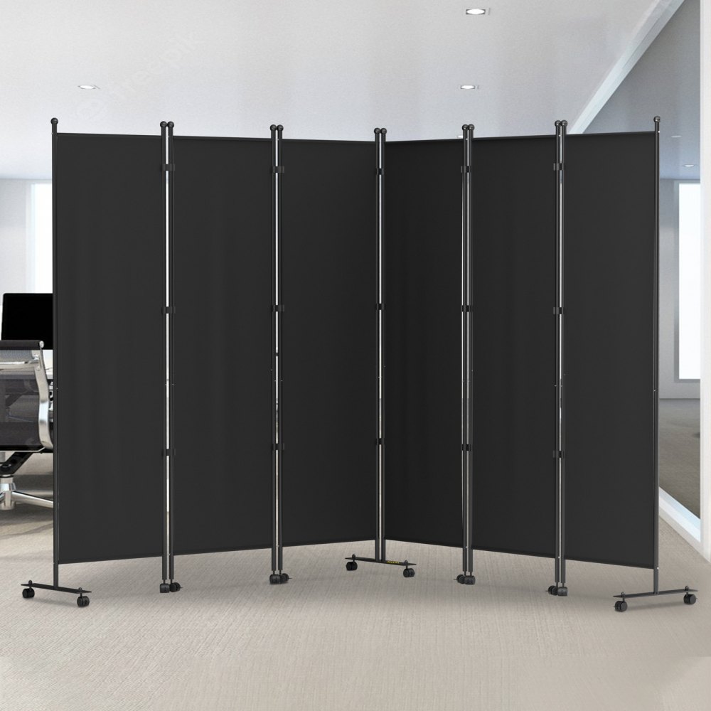 VEVOR 6 Panel Room Divider, 6 FT Tall, Freestanding & Folding Privacy Screen w/ Swivel Casters & Aluminum Alloy Frame, Oxford Bag Included, Room Partition for Office Home, 121" W x 14" D x 73"H, Black
