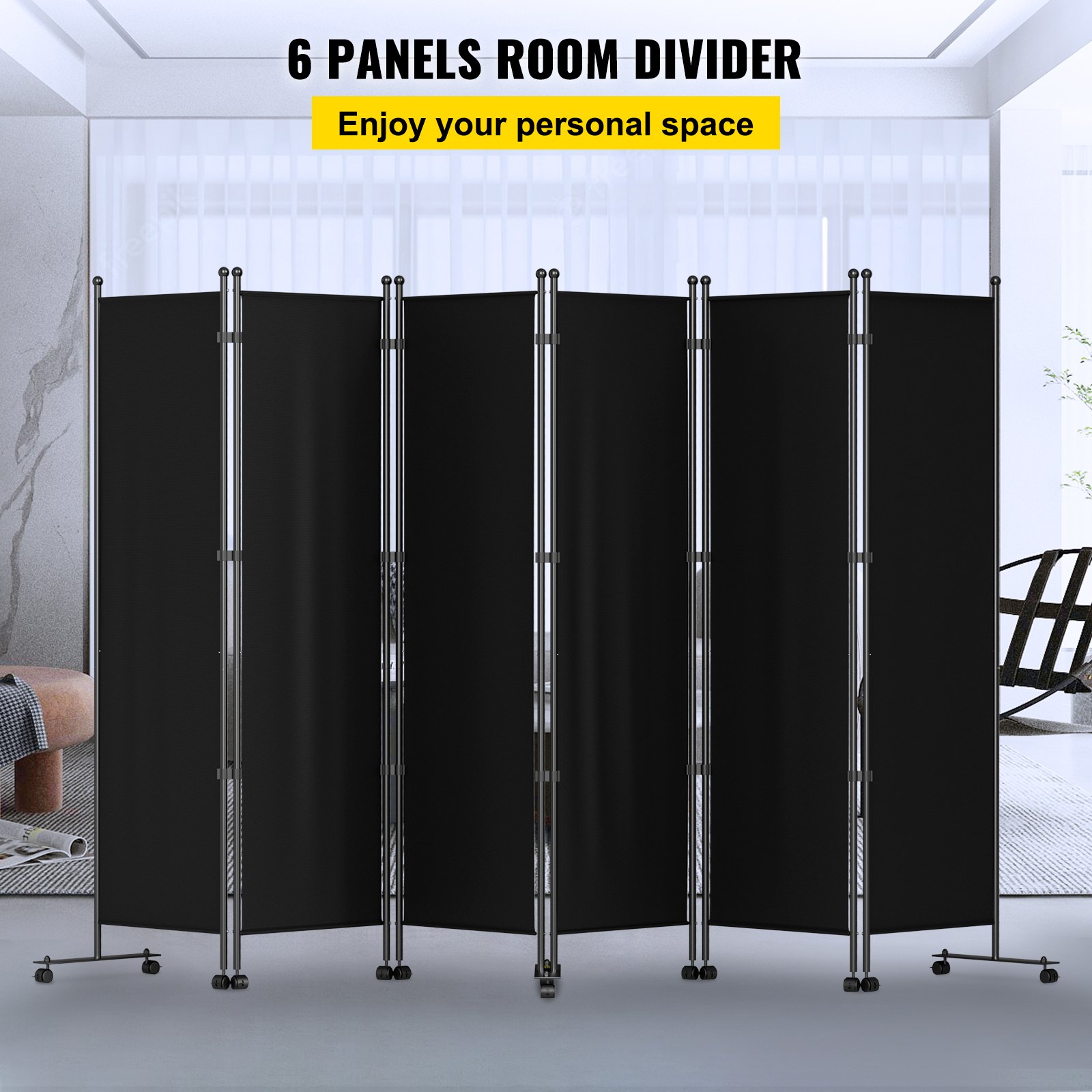 VEVOR 6 Panel Room Divider, 6 FT Tall, Freestanding & Folding Privacy Screen w/ Swivel Casters & Aluminum Alloy Frame, Oxford Bag Included, Room Partition for Office Home, 121" W x 14" D x 73"H, Black