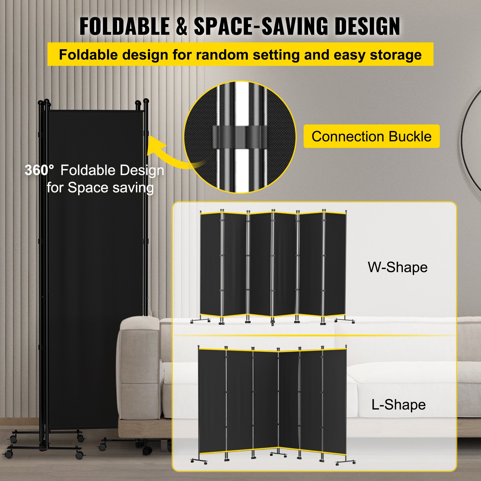 VEVOR 6 Panel Room Divider, 6 FT Tall, Freestanding & Folding Privacy Screen w/ Swivel Casters & Aluminum Alloy Frame, Oxford Bag Included, Room Partition for Office Home, 121" W x 14" D x 73"H, Black
