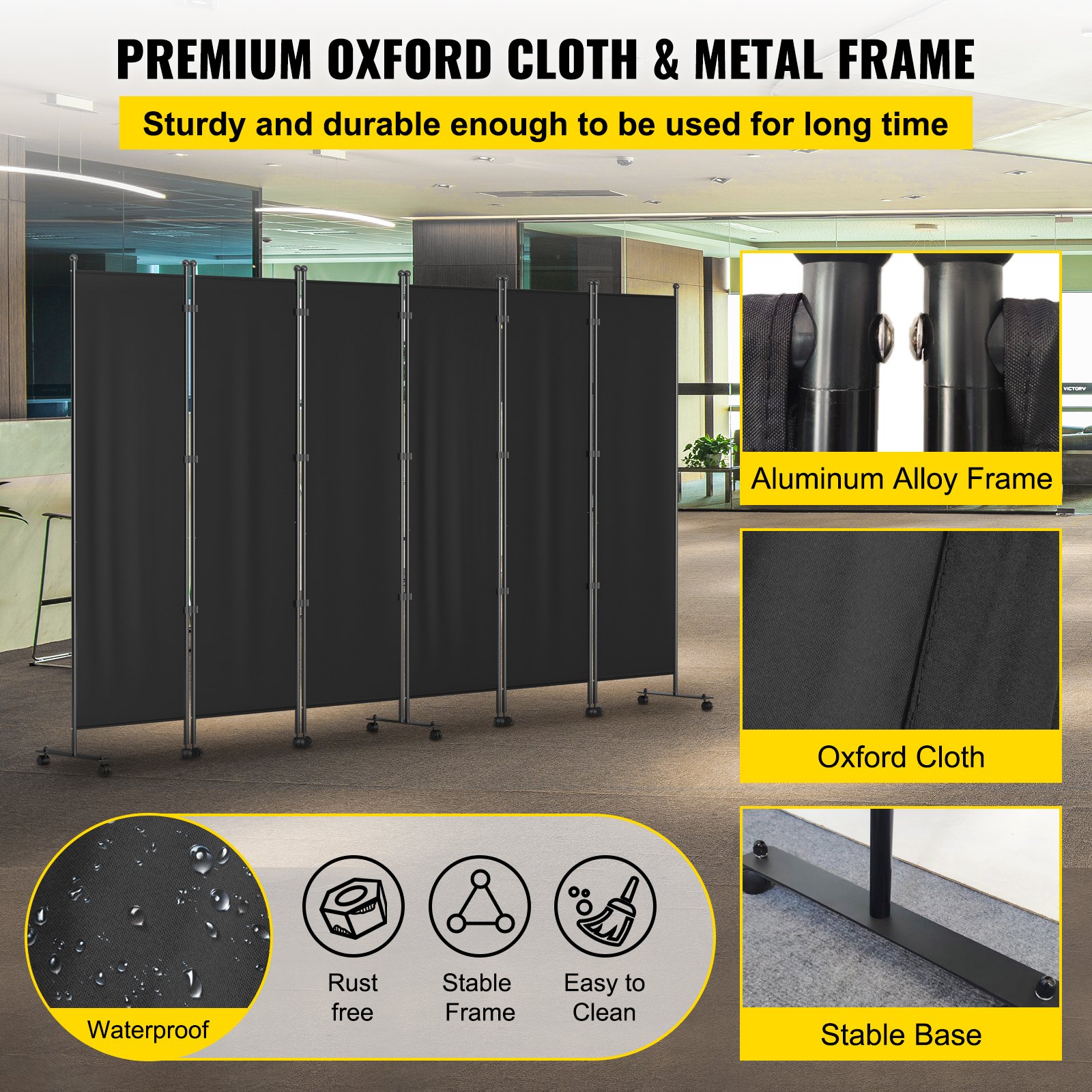 VEVOR 6 Panel Room Divider, 6 FT Tall, Freestanding & Folding Privacy Screen w/ Swivel Casters & Aluminum Alloy Frame, Oxford Bag Included, Room Partition for Office Home, 121" W x 14" D x 73"H, Black