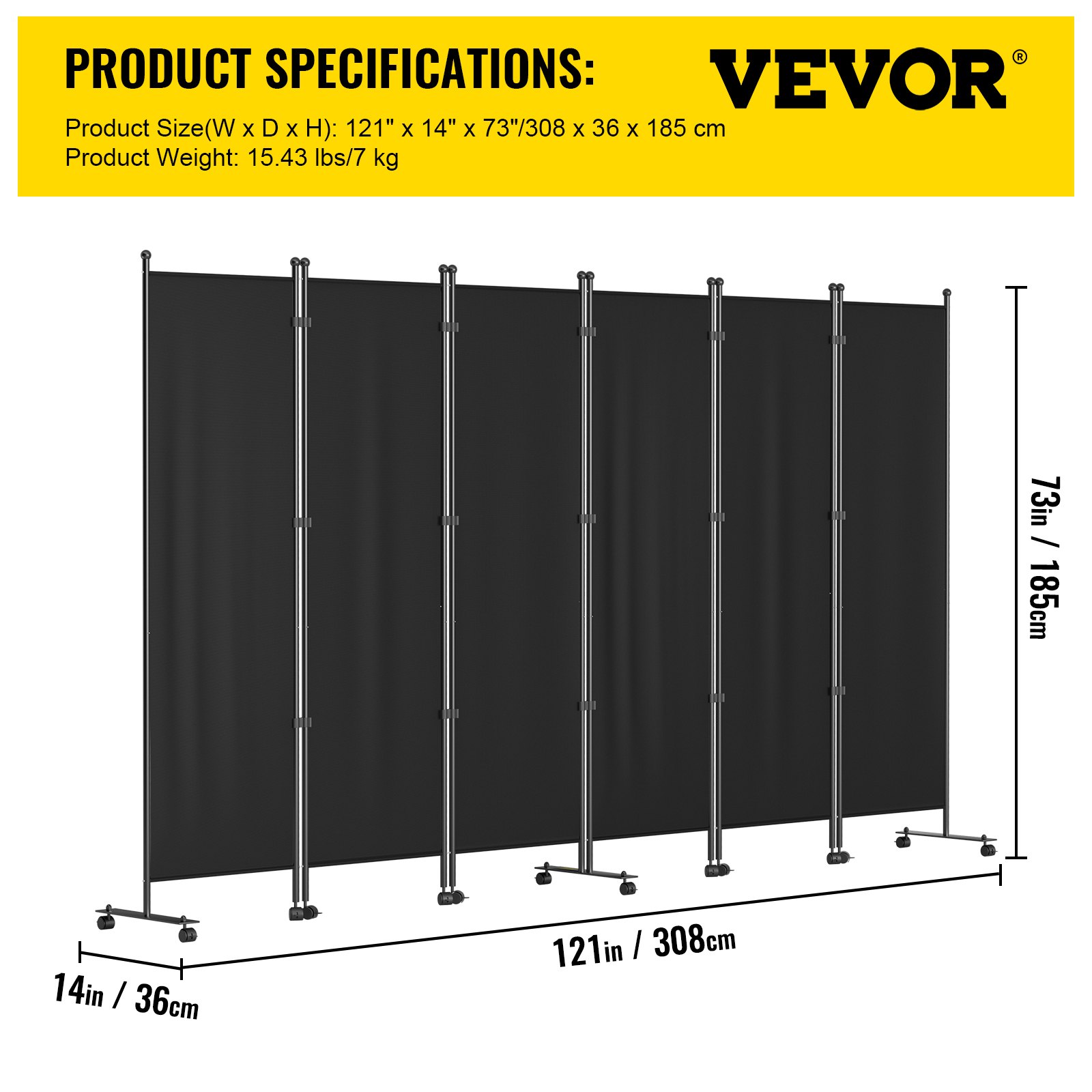 VEVOR 6 Panel Room Divider, 6 FT Tall, Freestanding & Folding Privacy Screen w/ Swivel Casters & Aluminum Alloy Frame, Oxford Bag Included, Room Partition for Office Home, 121" W x 14" D x 73"H, Black