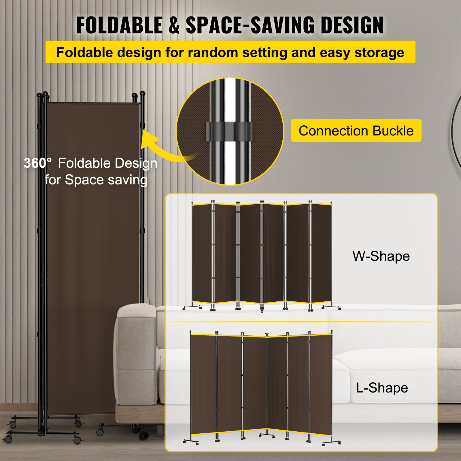 VEVOR 6 Panel Room Divider, 6 FT Tall, Freestanding & Folding Privacy Screen w/ Swivel Casters & Aluminum Alloy Frame, Oxford Bag Included, Room Partition for Office Home, 121" W x 14" D x 73"H, Brown