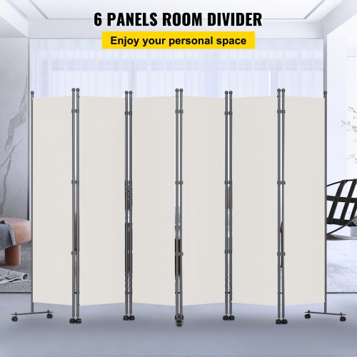 VEVOR 6 Panel Room Divider, 6 FT Tall, Freestanding & Folding Privacy Screen w/ Swivel Casters & Aluminum Alloy Frame, Oxford Bag Included, Room Partition for Office Home, 121" W x 14" D x 73"H, White