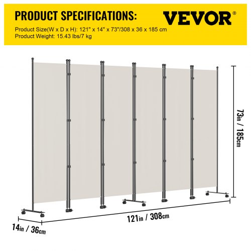 VEVOR 6 Panel Room Divider, 6 FT Tall, Freestanding & Folding Privacy Screen w/ Swivel Casters & Aluminum Alloy Frame, Oxford Bag Included, Room Partition for Office Home, 121" W x 14" D x 73"H, White