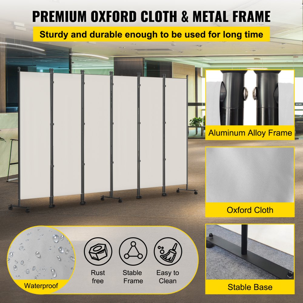 VEVOR 6 Panel Room Divider, 6 FT Tall, Freestanding & Folding Privacy Screen w/ Swivel Casters & Aluminum Alloy Frame, Oxford Bag Included, Room Partition for Office Home, 121" W x 14" D x 73"H, White