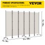VEVOR 6 Panel Room Divider, 6 FT Tall, Freestanding & Folding Privacy Screen w/ Swivel Casters & Aluminum Alloy Frame, Oxford Bag Included, Room Partition for Office Home, 121" W x 14" D x 73"H, White